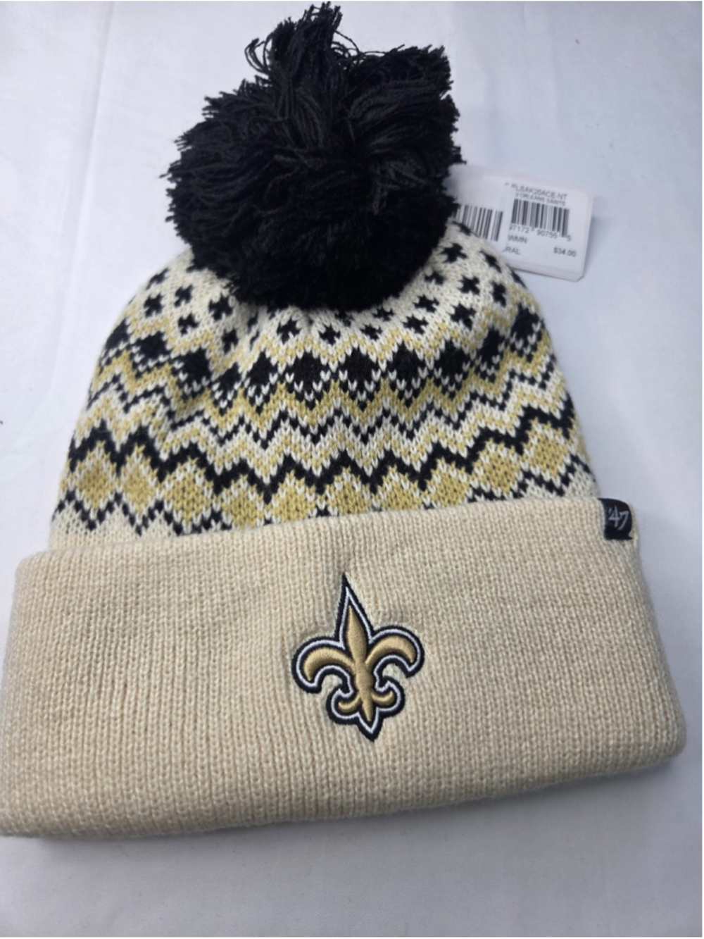 47 New Orleans Saints Women's Cuffed Pom Knit Beanie Natural Black Gold NWT #115